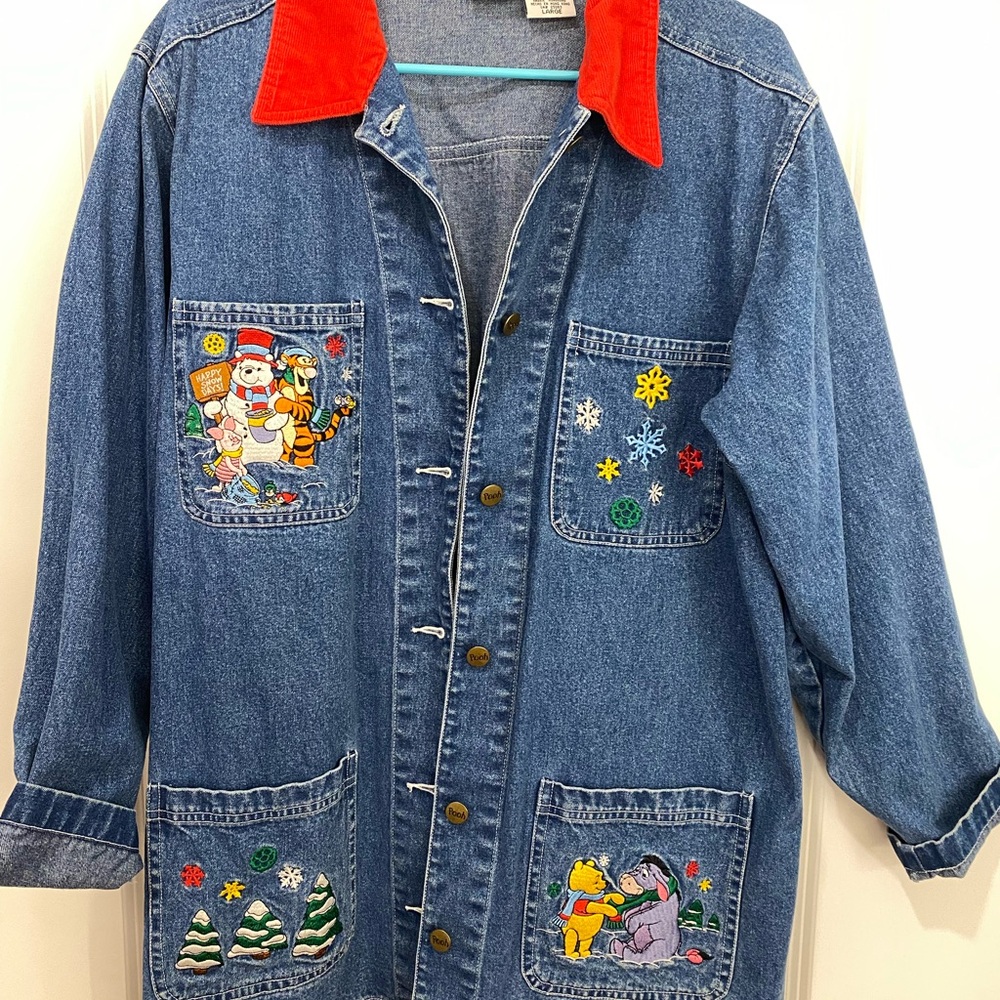 Vintage Disney Blue Jean Jacket with Red Collar and Winnie the Pooh Designs